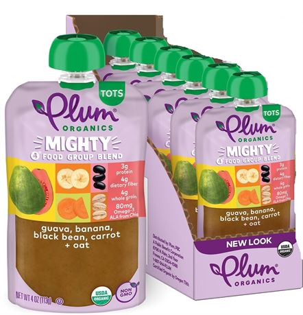 Case of 6 Plum Organics Tots Mighty 4 Food Pouch in Black Size Guava & Bean - 4