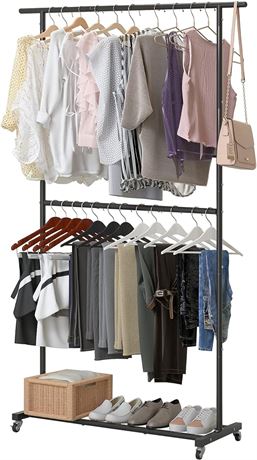 Sywhitta Double Rod Clothing Garment Rack, Rolling Clothes Organizer on Wheels f