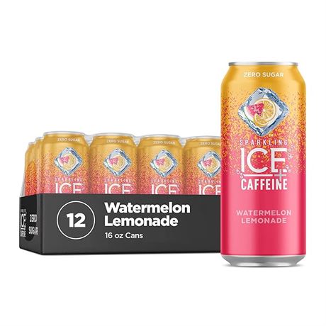 16Oz Cans (12PACK)  - Sparkling Ice+Caffeine Watermelon Lemonade Sparkling Water