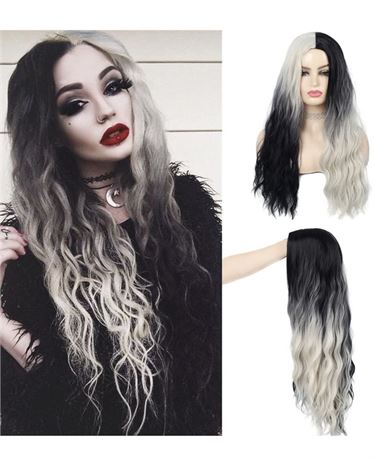 Swiking Black and White Curly Wigs for Women Long Wave Ombre Synthetic Hair