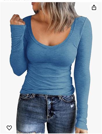 Roselux Women Long Sleeve Scoop Neck Ribbed Fitted Knit Shirt Basic T-Shirts