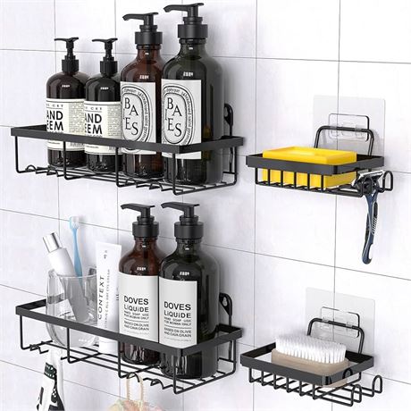 Awegety 4 Pack Shower Caddy Shelf Organizer with Soap Holder, Stainless Steel Bathroom Shelves Basket with Adhesives/Screws, Hooks, Storage Rack for Kitchen Black