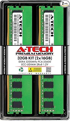 A-Tech Server 32GB Kit (2 x 16GB) 2Rx8 PC4-25600 DDR4 3200MHz ECC Unbuffered