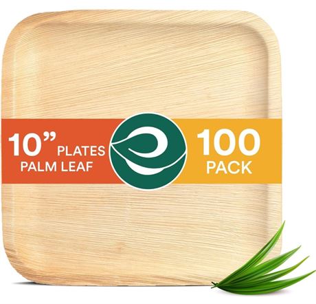 ECO SOUL 100% Compostable 10 Inch Square Palm Leaf Plates [100-Pack] I Premium D