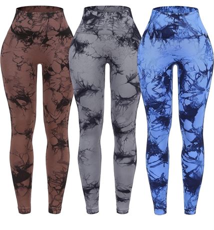 SIZE:XL, OVESPORT 3 Pack Tie Dye Seamless High Waisted Workout Leggings for Wome