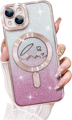 KANGHAR Magnetic Glitter Case for iPhone 13 Case 6.1 Inch, Clear Plating Love He
