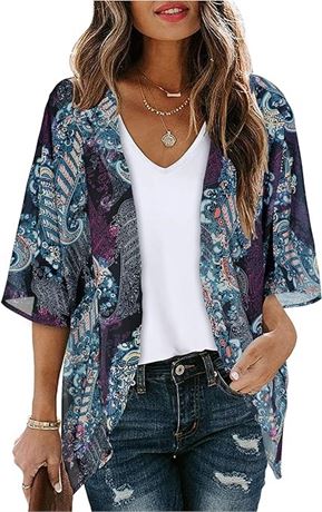 SIZE:L Women's Floral Print Puff Sleeve Kimono Cardigan Loose Cover