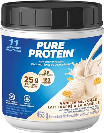 Pure Protein Whey Protein Powder - High Protein (25 g/scoop), Low Sugar (2 g/scoop), Gluten Free - Fast-Acting Formula, Vanilla, 453g (Packaging May Vary)
