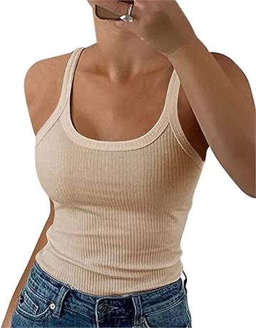 L, GEMBERA Women Spaghetti Strap Scoop Neck Ribbed Tank Tops Slim Fitted