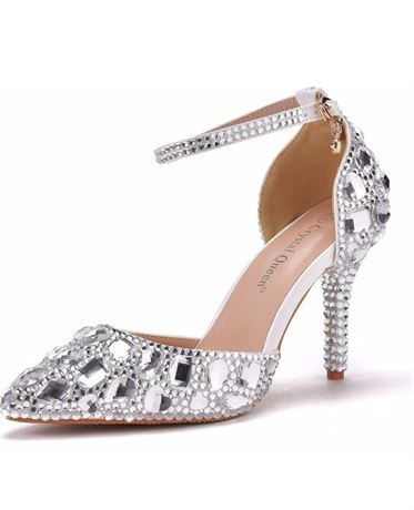 8 - Silver Rhinestone Sandals Thin High Heels Pointed Toe