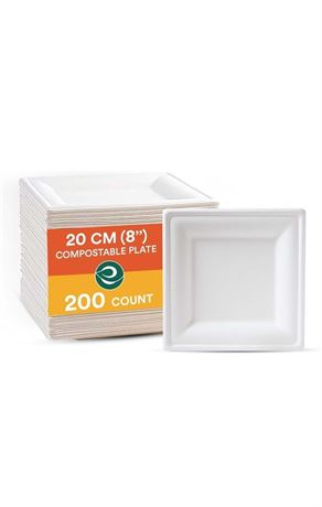 ECO SOUL Pearl White 8 Inch Square [200-Pack] Paper Plates (PFAS free) | 100% Co