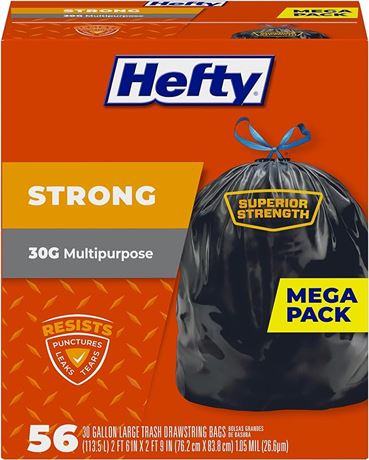 Hefty Strong Large Trash Bags (Multipurpose, Drawstring, 30 Gallon, 56 Count)