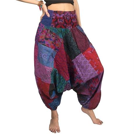 M, Tribe Azure 100% Cotton Casual Pants Patchwork Comfortable Baggy Yoga Hippie