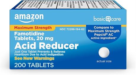 200 Count - Amazon Basic Care Maximum Strength Famotidine Tablets 20 mg, Acid Re