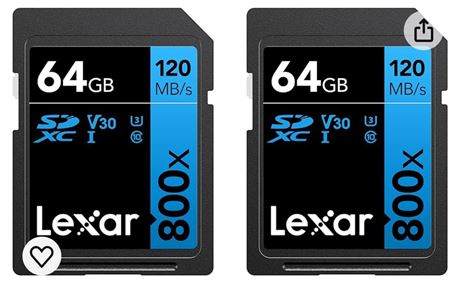 Lexar High-Performance 800x 64GB (2-Pack) SDXC UHS-I Memory Cards, C10, U3, V30,
