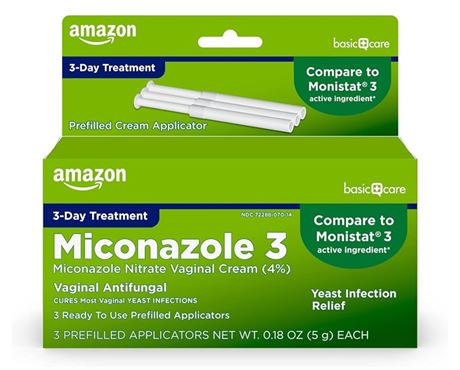 Amazon Basic Care Miconazole 3, Miconazole Nitrate Vaginal Cream (4 Percent), 3-