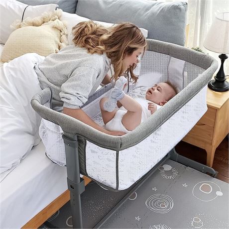 TCBunny 2-in-1 Baby Bassinet & Bedside Sleeper, Adjustable Portable Crib
