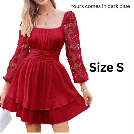 Size S, Byinns Women's Lace Long Puff Sleeve Party Dress Square Neck Tie Back