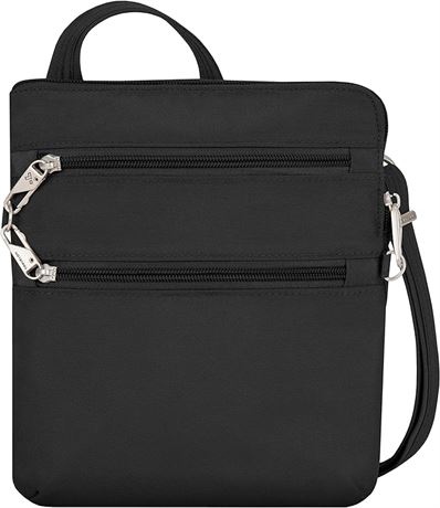 Travelon Anti-Theft Classic Slim Double Zip Crossbody Bag Messenger Bag, Black