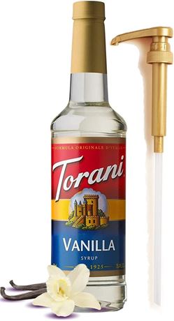 Torani Vanilla Syrup for Coffee 25.4 oz with Fresh Finest Syrup Pump Dispenser