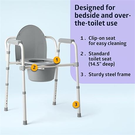 Medline 3-in-1 Steel Folding Bedside Commode, Commode Chair for Toilet is Height