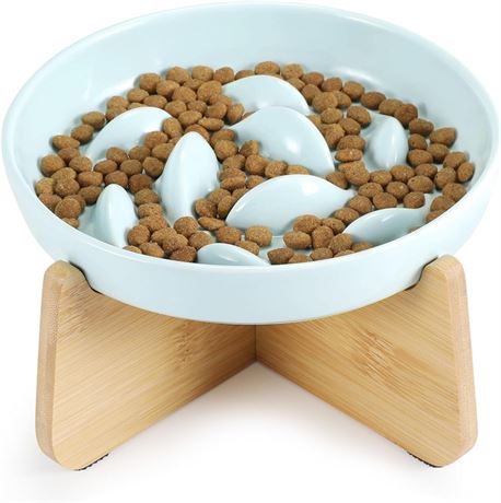 Slow Feeder Cat Bowl with Stand, Ceramic Slow Eating Cat Bowl with Higher Edges