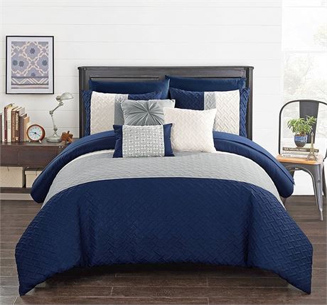 king , Chic Home BCS03560-AN Osnat 10 Piece Comforter Set Color Block Quilted Embroidered Design Bag Bedding – Sheets Decorative Pillows Shams Included, King, Navy