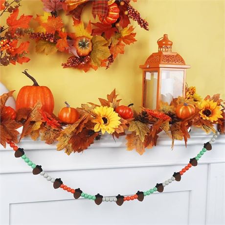 NEEDOMO Fall Decorations for Home, 46 Inch Farmhouse Wooden Beads Garland with Tassels and Hazelnuts for Fall Decor, Rustic Boho Decor for Tiered Tray, Coffee Table, Dining Room, Wall, Basket