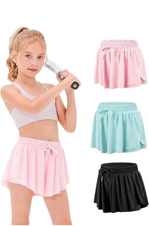 SIZE:S, 3 Pack Girls Flowy Shorts with Pockets Athletic Running Skirt High Waist