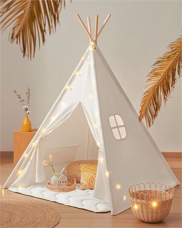 Tiny Land Large Kids Teepee Tent with Padded Mat & Light String