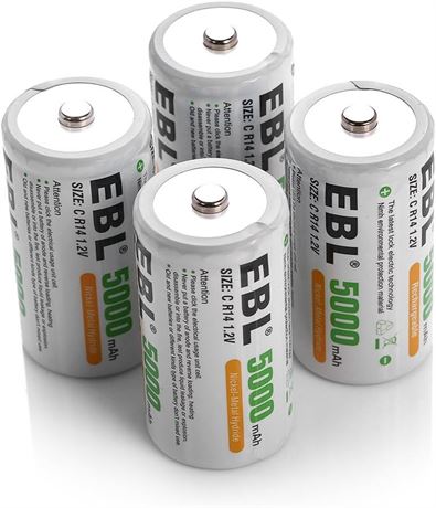 EBL C Cell Rechargeable Batteries 4 Pack 5000mAh 1.2V Ni-Mh C Size 1500 Cycle