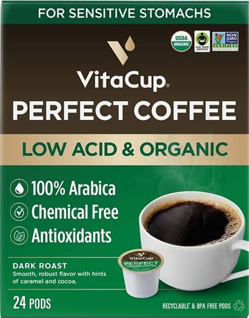 VitaCup Perfect Low Acid Coffee Pods, USDA Organic & Fair Trade, Mycotoxin Free